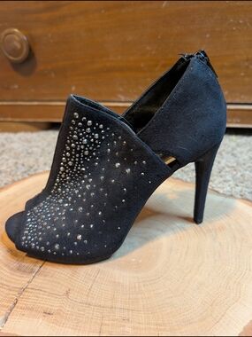 Jennifer Lopez Black Crystal-Embellished Peep-Toe High Heel Booties Sz 6.5